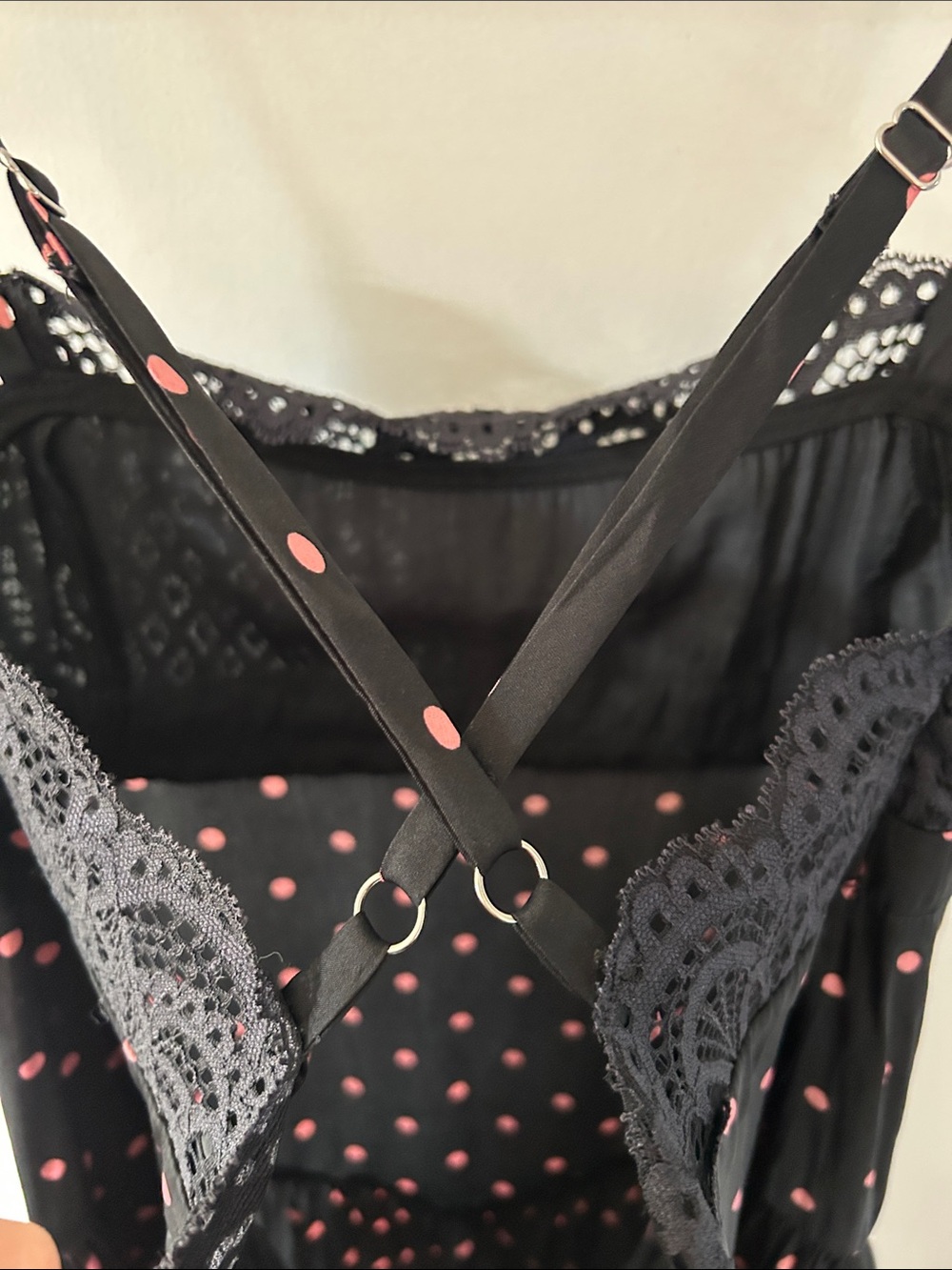 Intimately Free People City Wanders Trapeze Slip Black/Pink Polka Dot Lace Trim - Picture 10 of 14